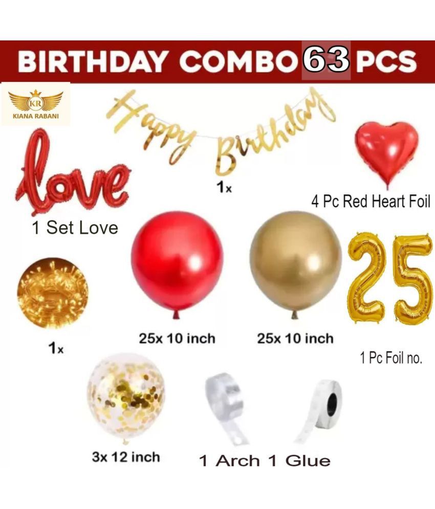     			KR 25TH HAPPY BIRTHDAY DECORATION WITH BUNNTING BANNER1, 1LOVE 4 RED HEART 25 RED 25 GOLD BALLOON 1 NET CURTAIN 1 LIGHT 1ARCH 1 GLUE 3 CONFETTI BALLOON 25 NO. GOLD FOIL BALLOON