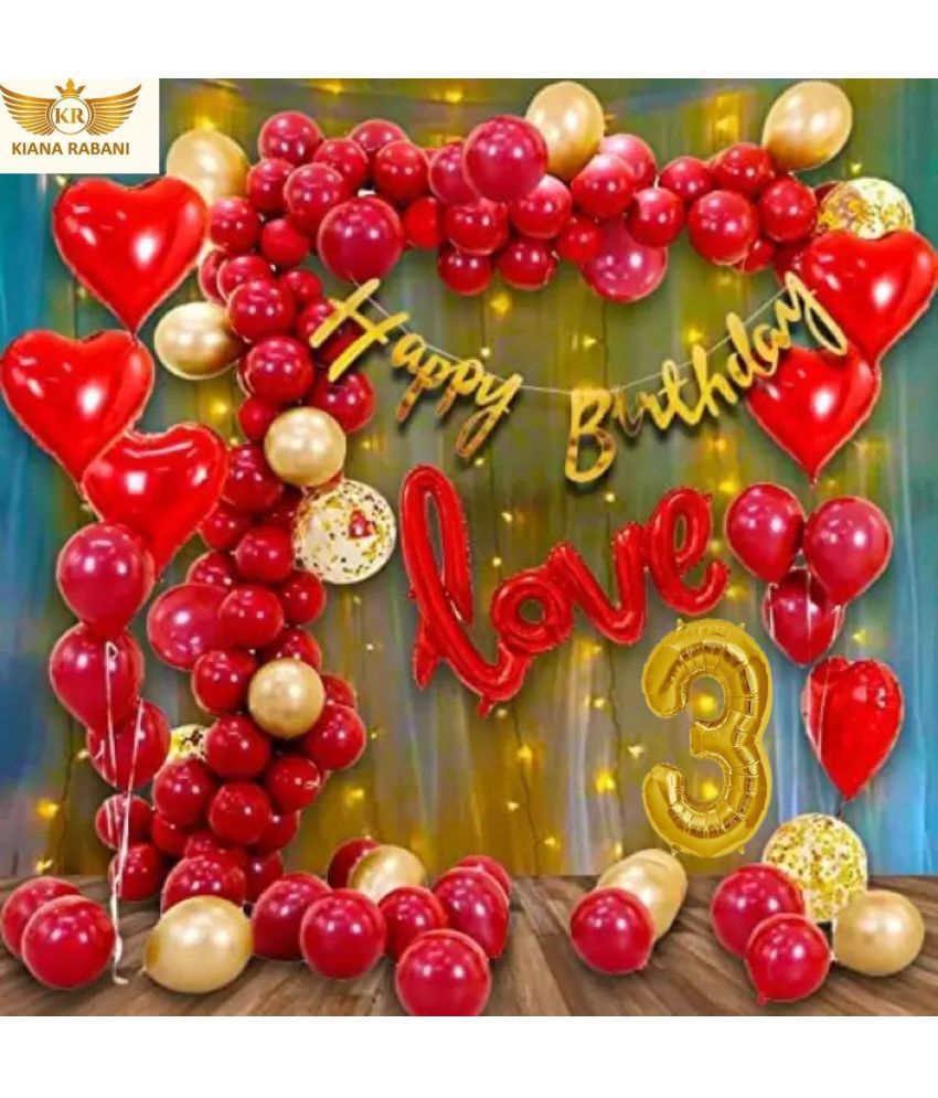     			KR 3RD HAPPY BIRTHDAY DECORATION WITH BUNNTING BANNER1, 1LOVE 4 RED HEART 25 RED 25 GOLD BALLOON 1 NET CURTAIN 1 LIGHT 1ARCH 1 GLUE 3 CONFETTI BALLOON 3 NO. GOLD FOIL BALLOON