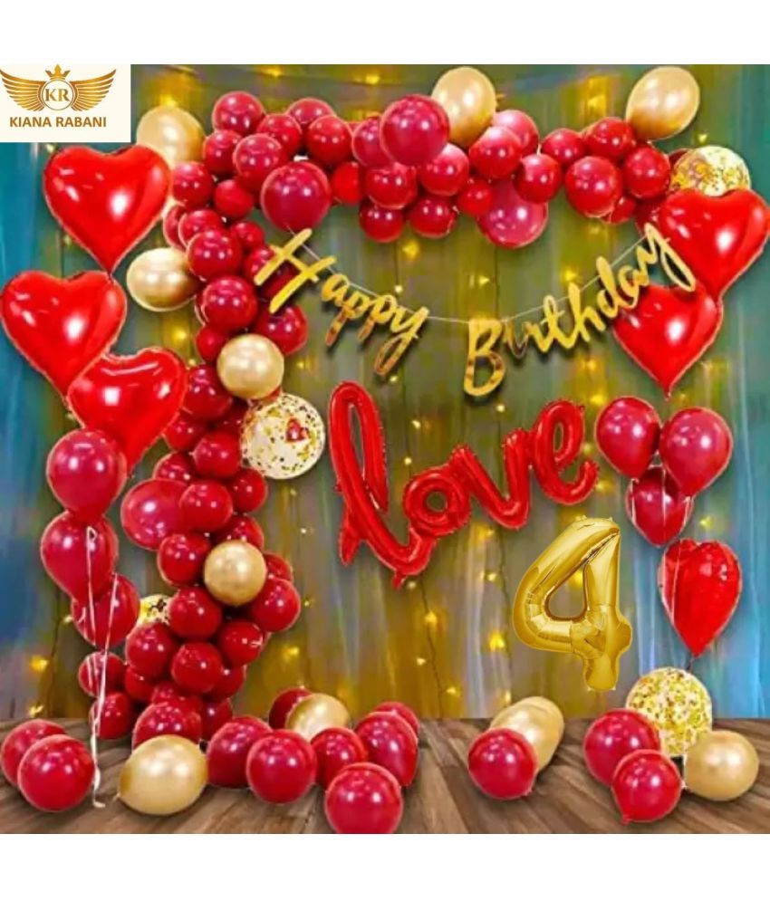     			KR 4TH HAPPY BIRTHDAY DECORATION WITH BUNNTING BANNER1, 1LOVE 4 RED HEART 25 RED 25 GOLD BALLOON 1 NET CURTAIN 1 LIGHT 1ARCH 1 GLUE 3 CONFETTI BALLOON 4 NO. GOLD FOIL BALLOON