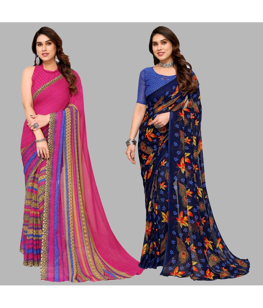     			Kashvi Sarees Georgette Printed Saree With Blouse Piece - Multicolor ( Pack of 2 )