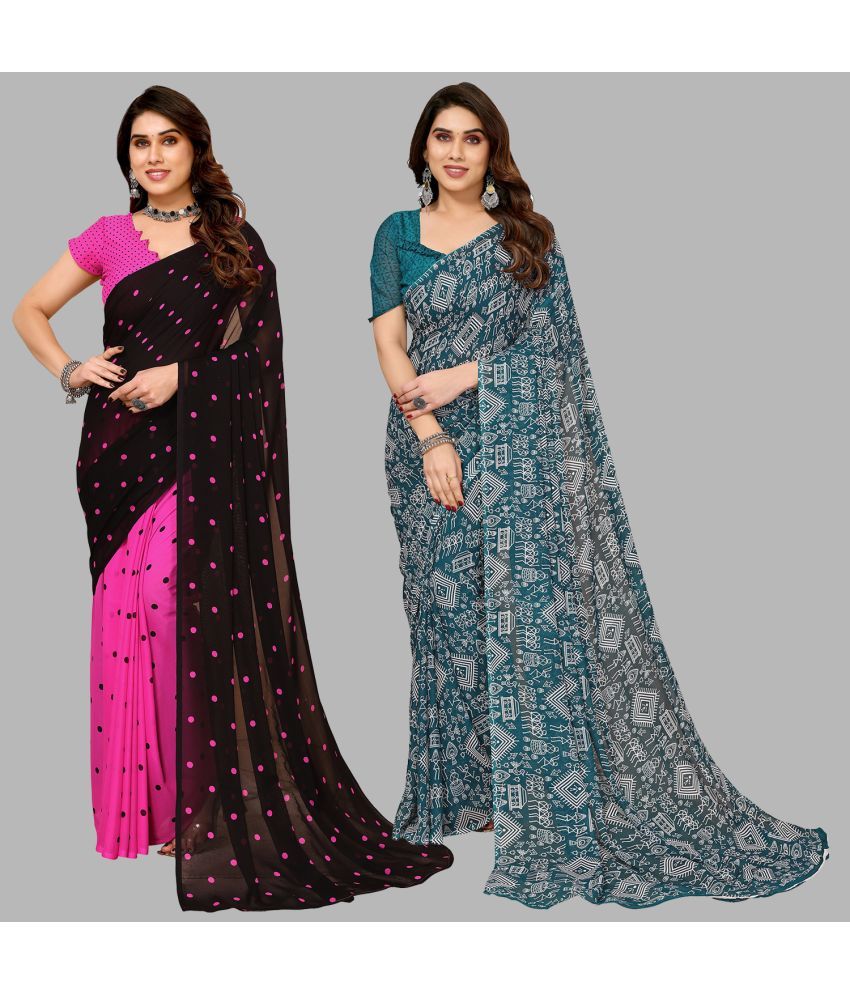     			Kashvi Sarees Georgette Printed Saree With Blouse Piece - Multicolor ( Pack of 2 )