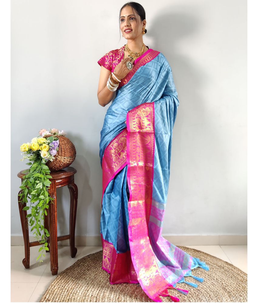     			A TO Z CART Banarasi Silk Embellished Saree With Blouse Piece - SkyBlue ( Pack of 1 )
