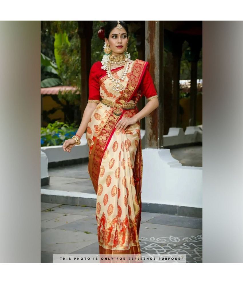     			A TO Z CART Banarasi Silk Embellished Saree With Blouse Piece - Cream ( Pack of 1 )