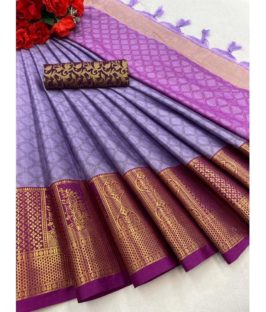     			A TO Z CART Cotton Silk Embellished Saree With Blouse Piece - Purple ( Pack of 1 )