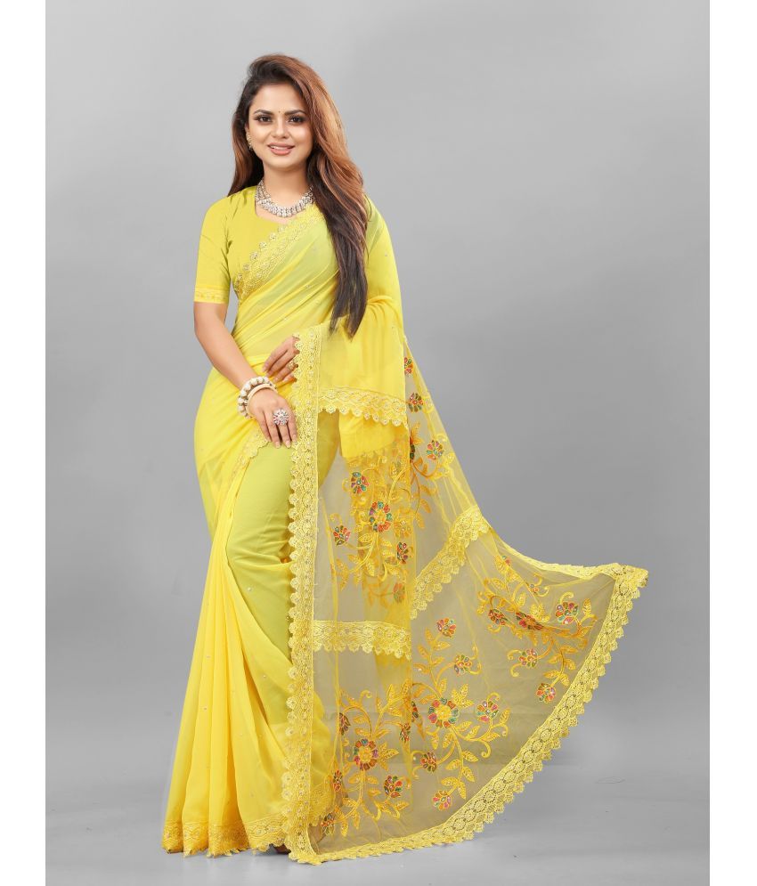     			A TO Z CART Georgette Embellished Saree With Blouse Piece - Yellow ( Pack of 1 )