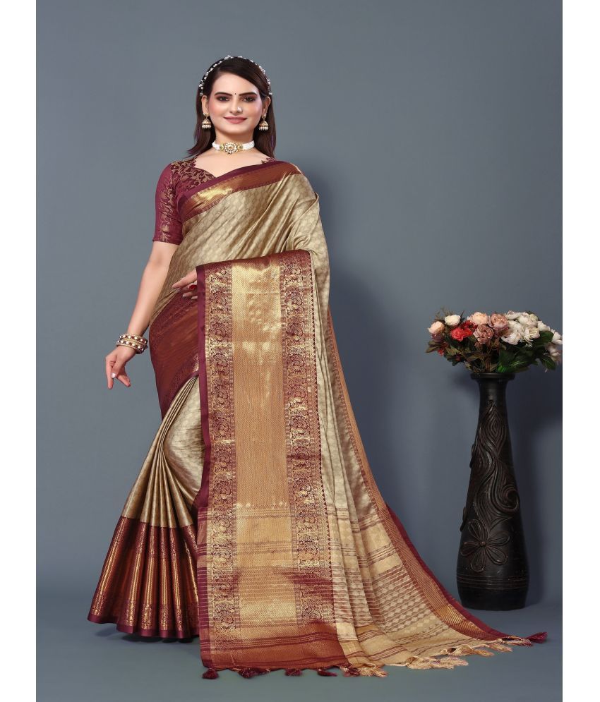     			A TO Z CART Jacquard Embellished Saree With Blouse Piece - Cream ( Pack of 1 )