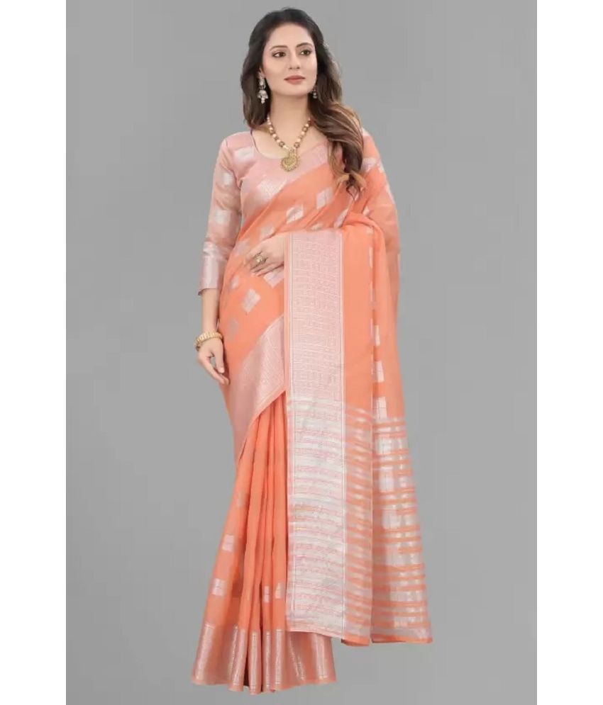     			A TO Z CART Jacquard Embellished Saree With Blouse Piece - Peach ( Pack of 1 )