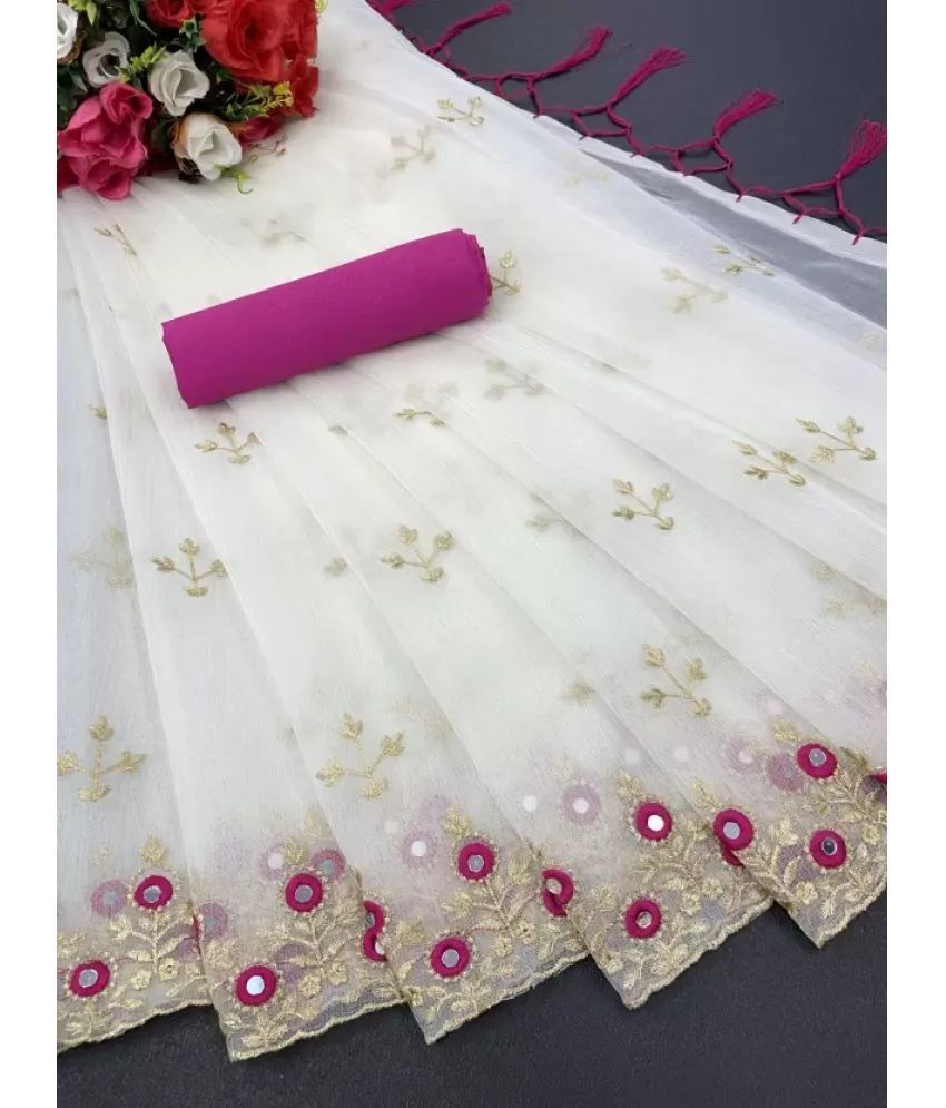     			A TO Z CART Net Embellished Saree With Blouse Piece - White ( Pack of 1 )