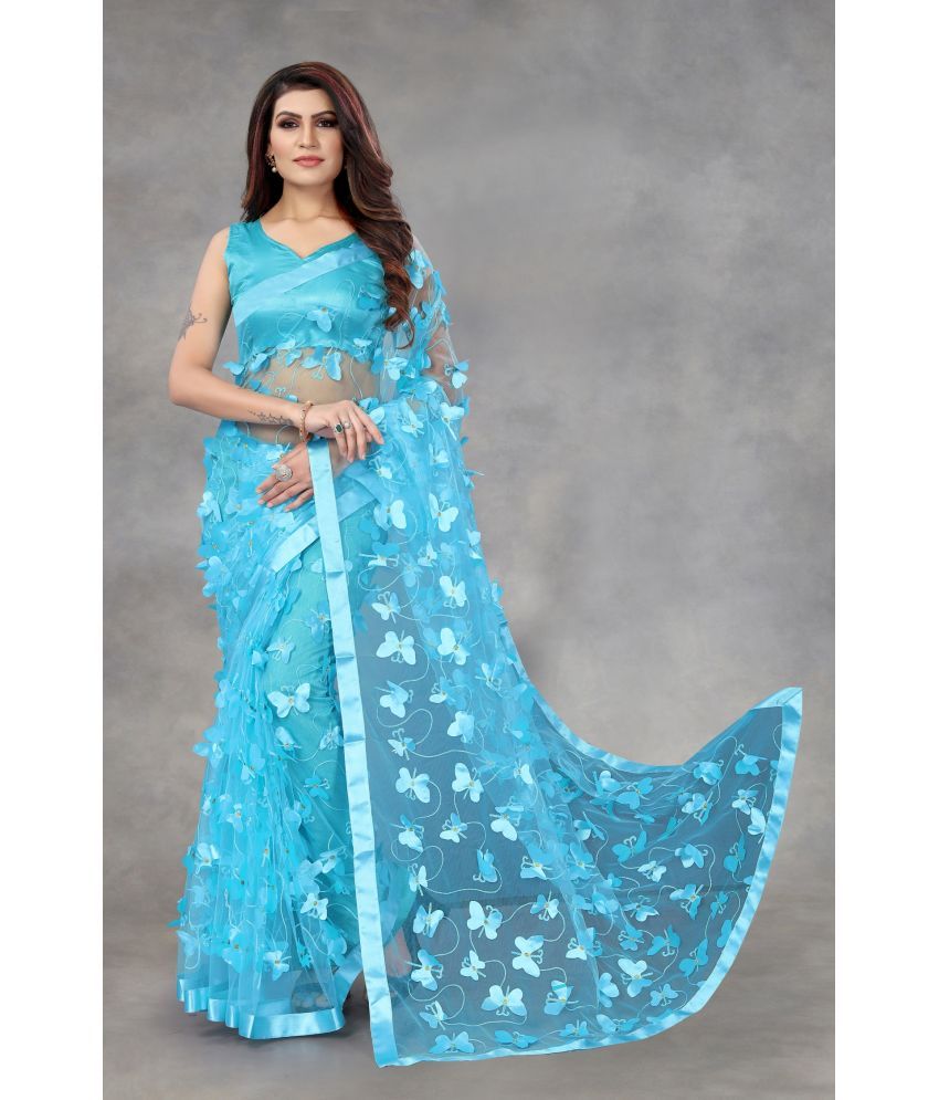     			A TO Z CART Net Embellished Saree With Blouse Piece - Turquoise ( Pack of 1 )