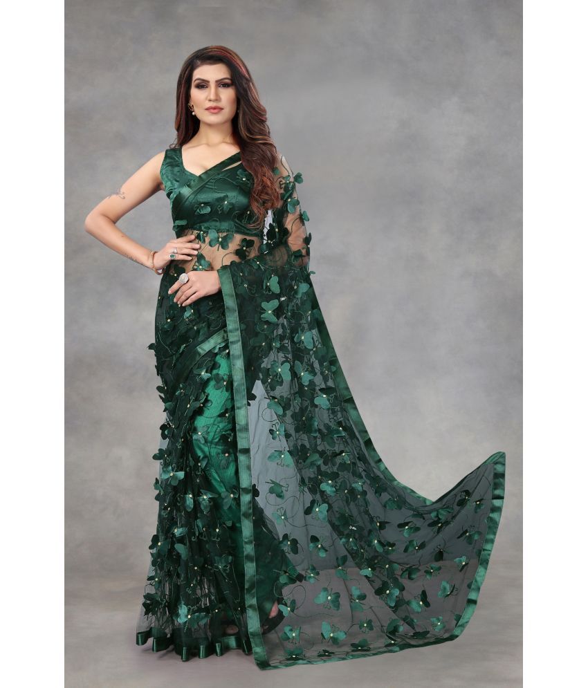     			A TO Z CART Net Embellished Saree With Blouse Piece - Green ( Pack of 1 )