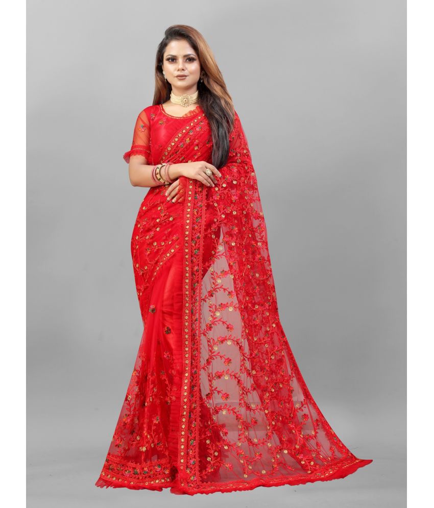     			A TO Z CART Net Embellished Saree With Blouse Piece - Red ( Pack of 1 )