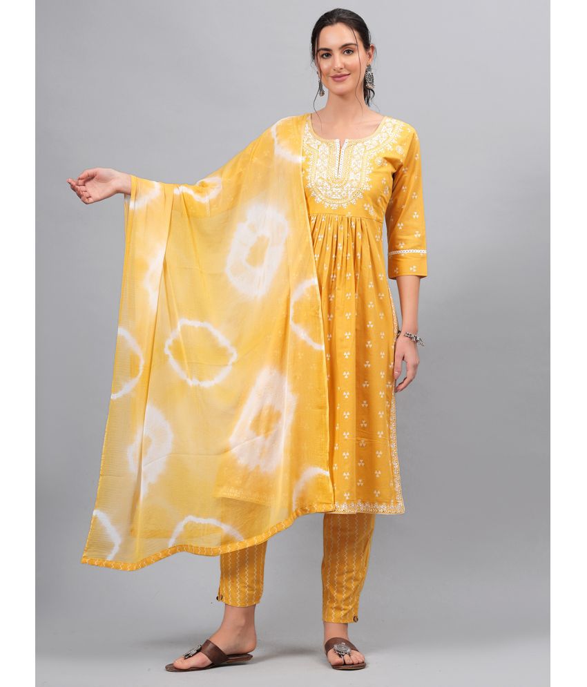     			JC4U Cotton Embroidered Kurti With Pants Women's Stitched Salwar Suit - Yellow ( Pack of 1 )