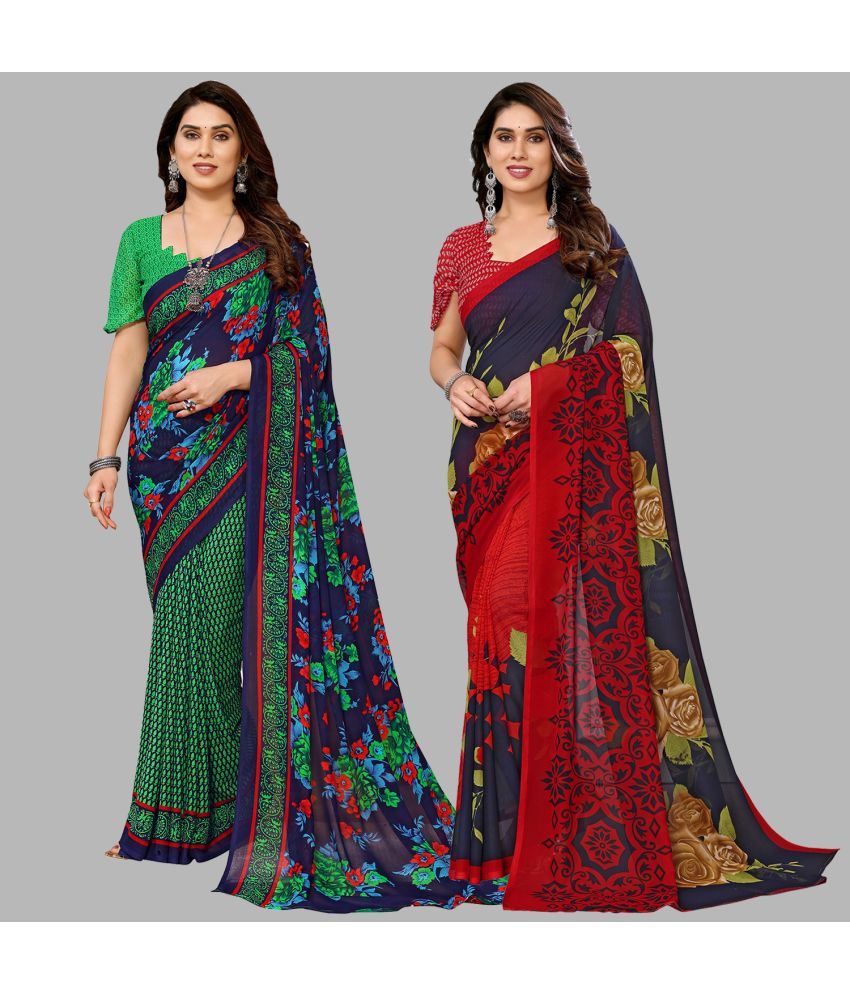     			Kashvi Sarees Georgette Printed Saree With Blouse Piece - Multicolor ( Pack of 2 )