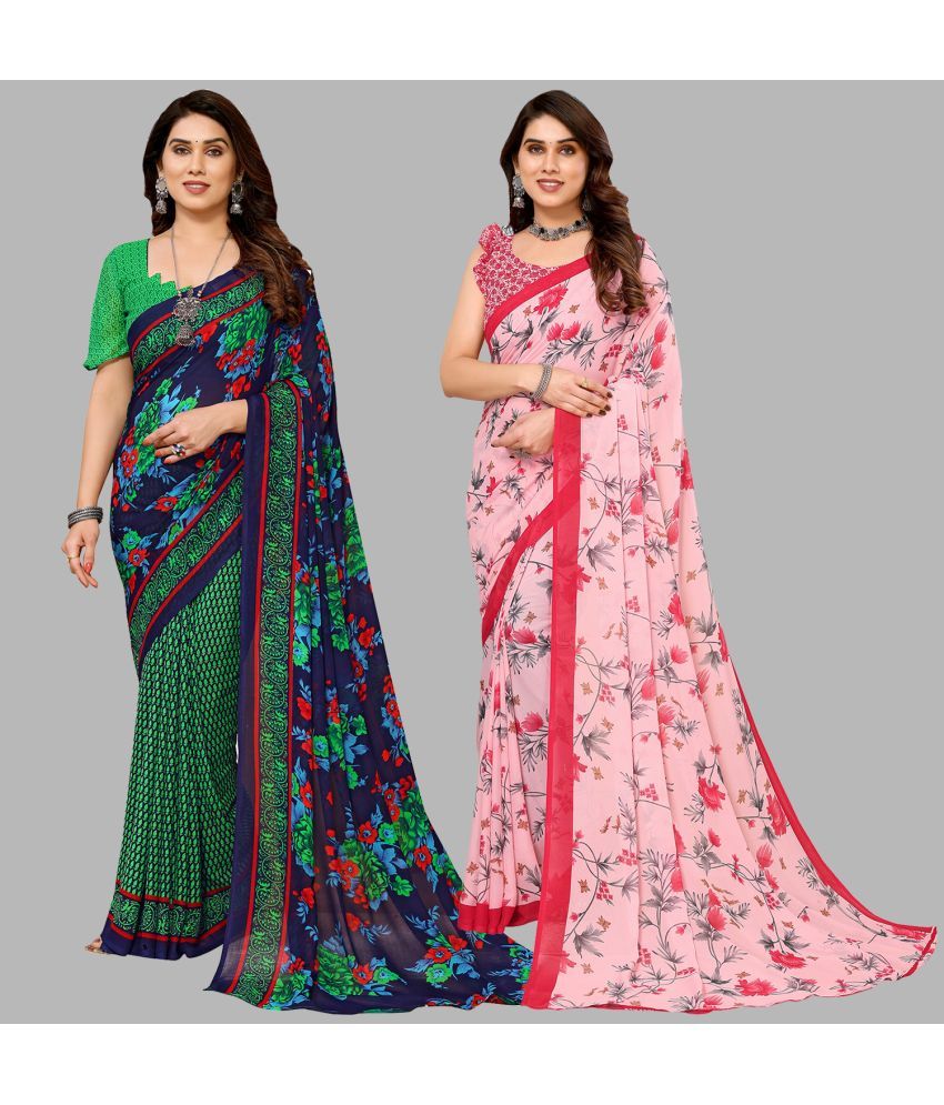     			Kashvi Sarees Georgette Printed Saree With Blouse Piece - Multicolor ( Pack of 2 )