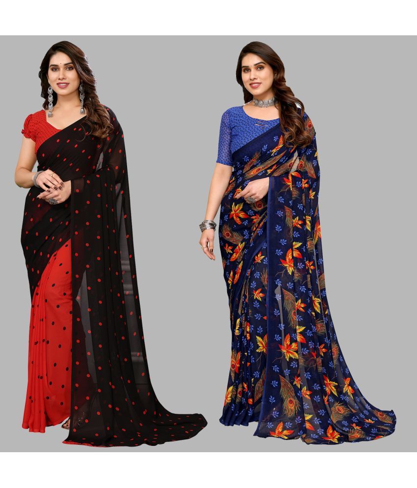     			Kashvi Sarees Georgette Printed Saree With Blouse Piece - Multicolor ( Pack of 2 )