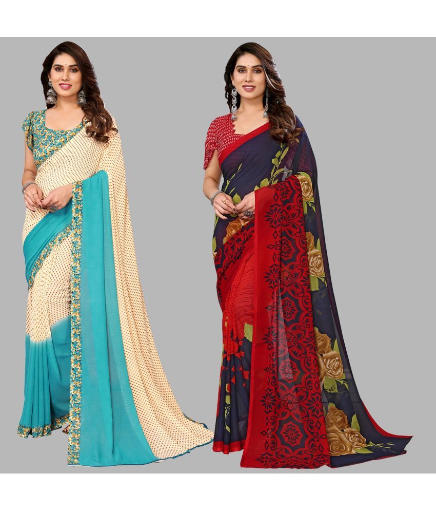     			Kashvi Sarees Georgette Printed Saree With Blouse Piece - Multicolor ( Pack of 2 )