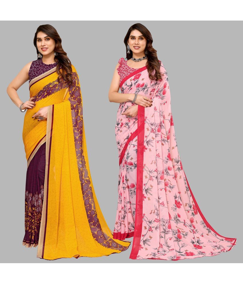     			Kashvi Sarees Georgette Printed Saree With Blouse Piece - Multicolor ( Pack of 2 )