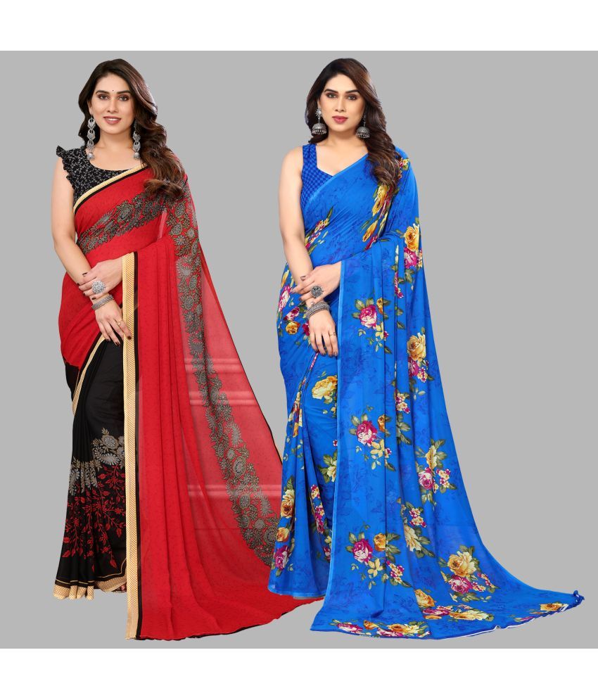     			Kashvi Sarees Georgette Printed Saree With Blouse Piece - Multicolor ( Pack of 2 )