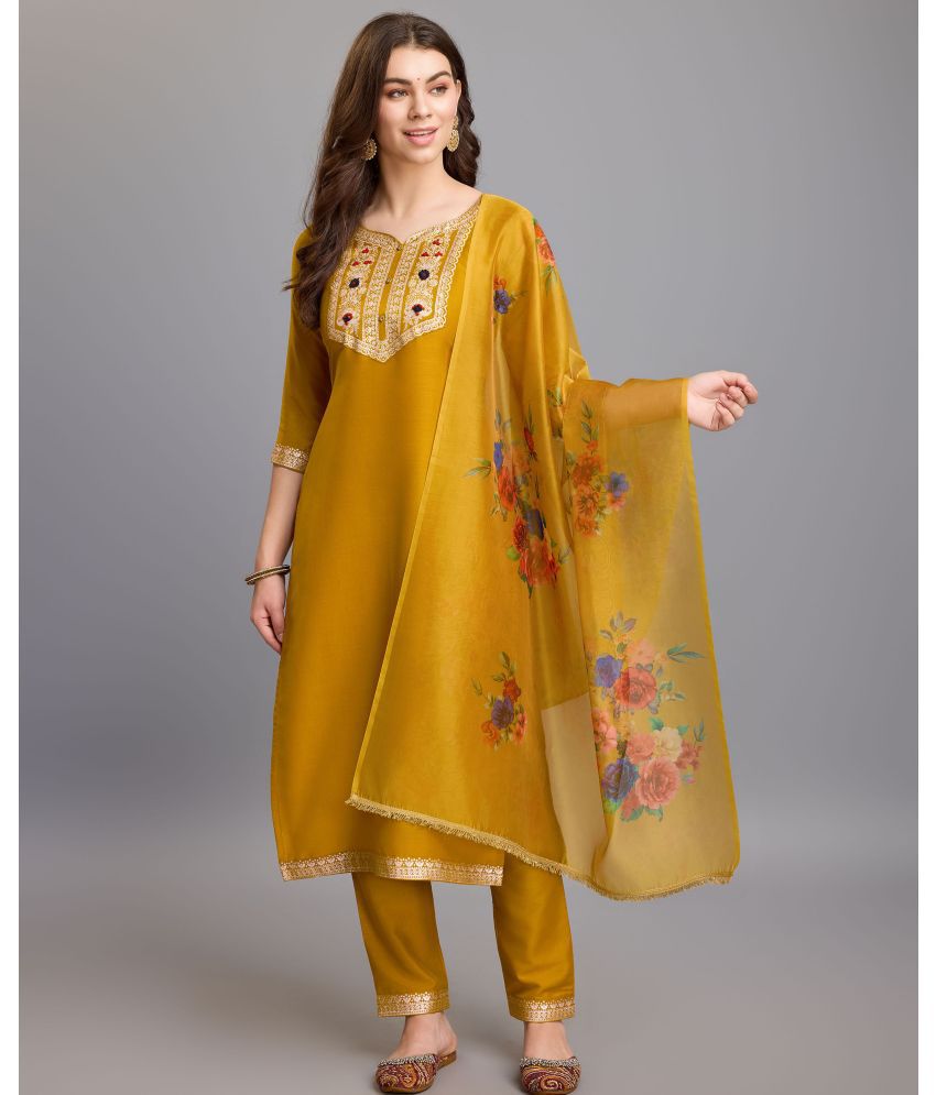     			MOJILAA Silk Embroidered Kurti With Pants Women's Stitched Salwar Suit - Mustard ( Pack of 1 )