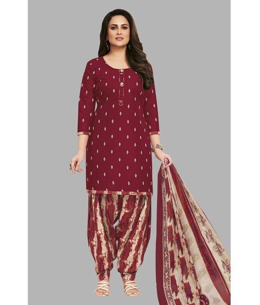     			SIMMU Cotton Printed Kurti With Patiala Women's Stitched Salwar Suit - Maroon ( Pack of 1 )