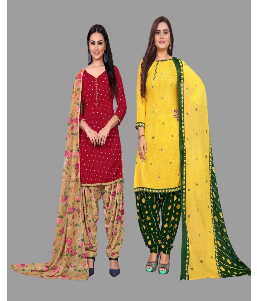     			WOW ETHNIC Unstitched Crepe Printed Dress Material - Yellow,Red ( Pack of 2 )