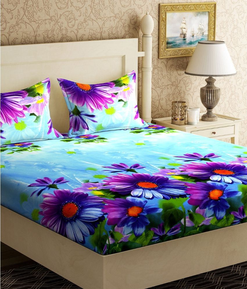     			LiveWell Microfiber Floral 1 Double King Size Bedsheet with 2 Pillow Covers - Blue