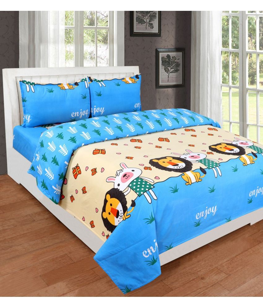    			Neekshaa Glace Cotton Animal 1 Double Bedsheet with 2 Pillow Covers - Blue