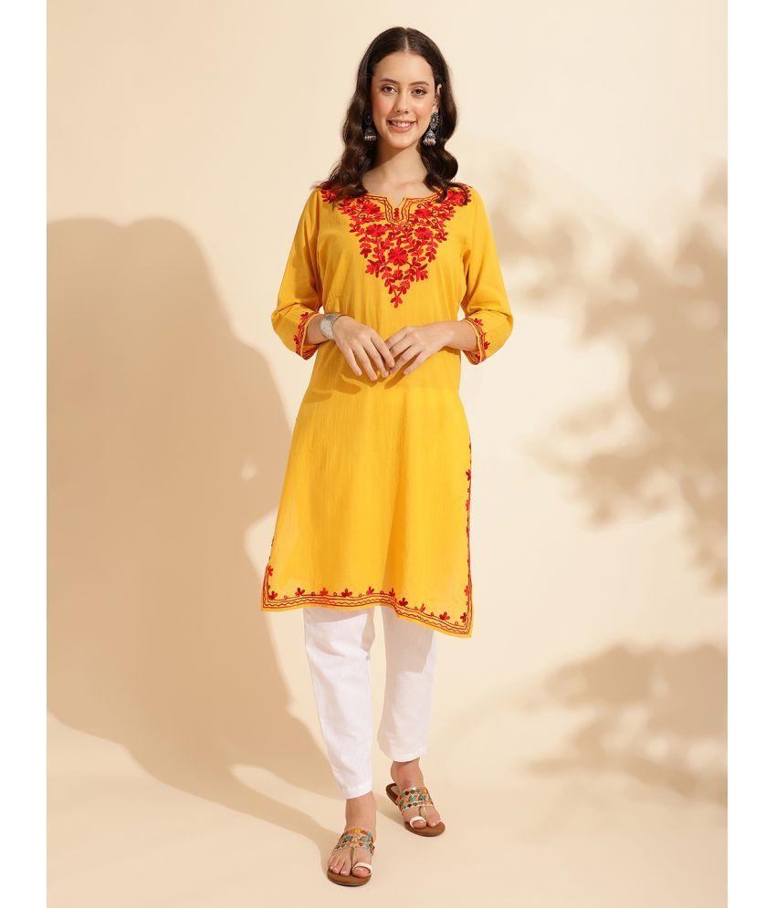     			Queenley Cotton Embroidered A-line Women's Kurti - Yellow ( Pack of 1 )