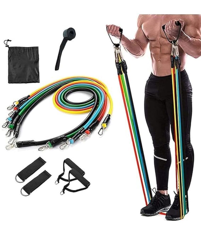    			Resistance Bands 11 pcs Set, Stretching and Exercise, Toning Tube kit with Door Anchor, Foam Handles, Leg Ankle Strap and Carry Bag and Box Packaging for Men & Women Workout at Home & Gym, Pack of 1