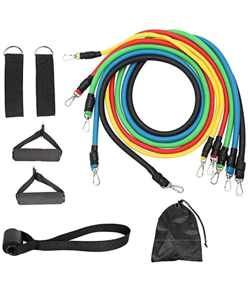     			Rubber Resistance Band Exercise, Stretching and Workout Toning Tube Kit with Handles, Door Anchor, Ankle Strap, Set of 11, Pack of 1