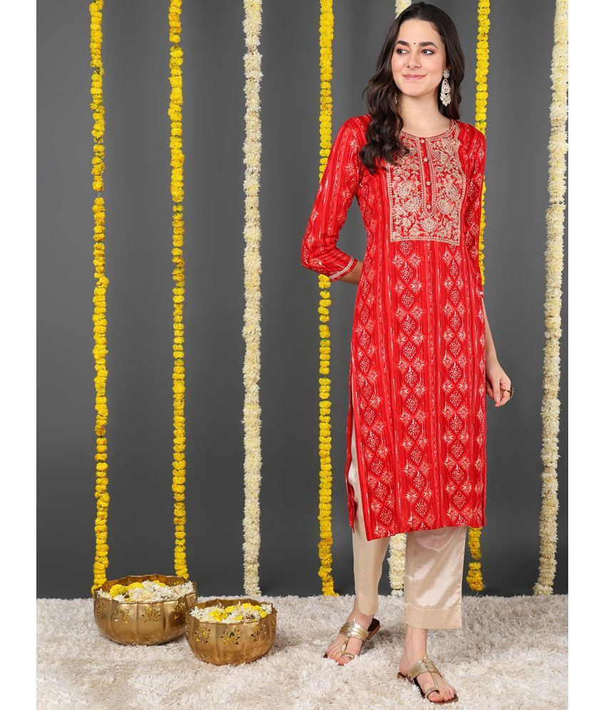     			Vaamsi Cotton Blend Printed Straight Women's Kurti - Red ( Pack of 1 )