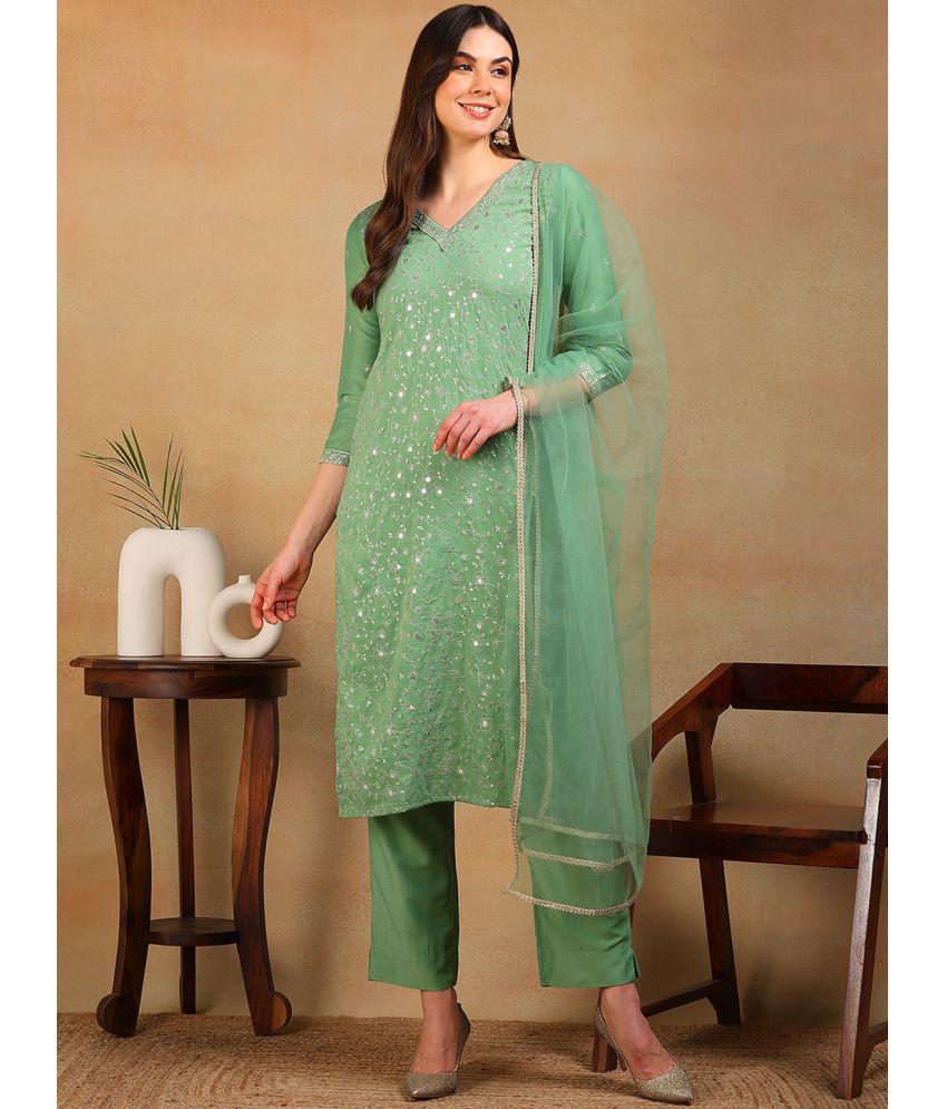     			Vaamsi Silk Blend Embellished Kurti With Pants Women's Stitched Salwar Suit - Green ( Pack of 1 )