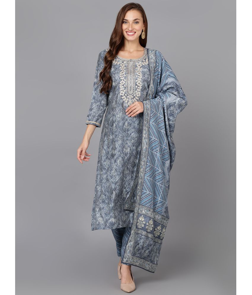     			Vaamsi Silk Blend Embroidered Kurti With Pants Women's Stitched Salwar Suit - Light Grey ( Pack of 1 )