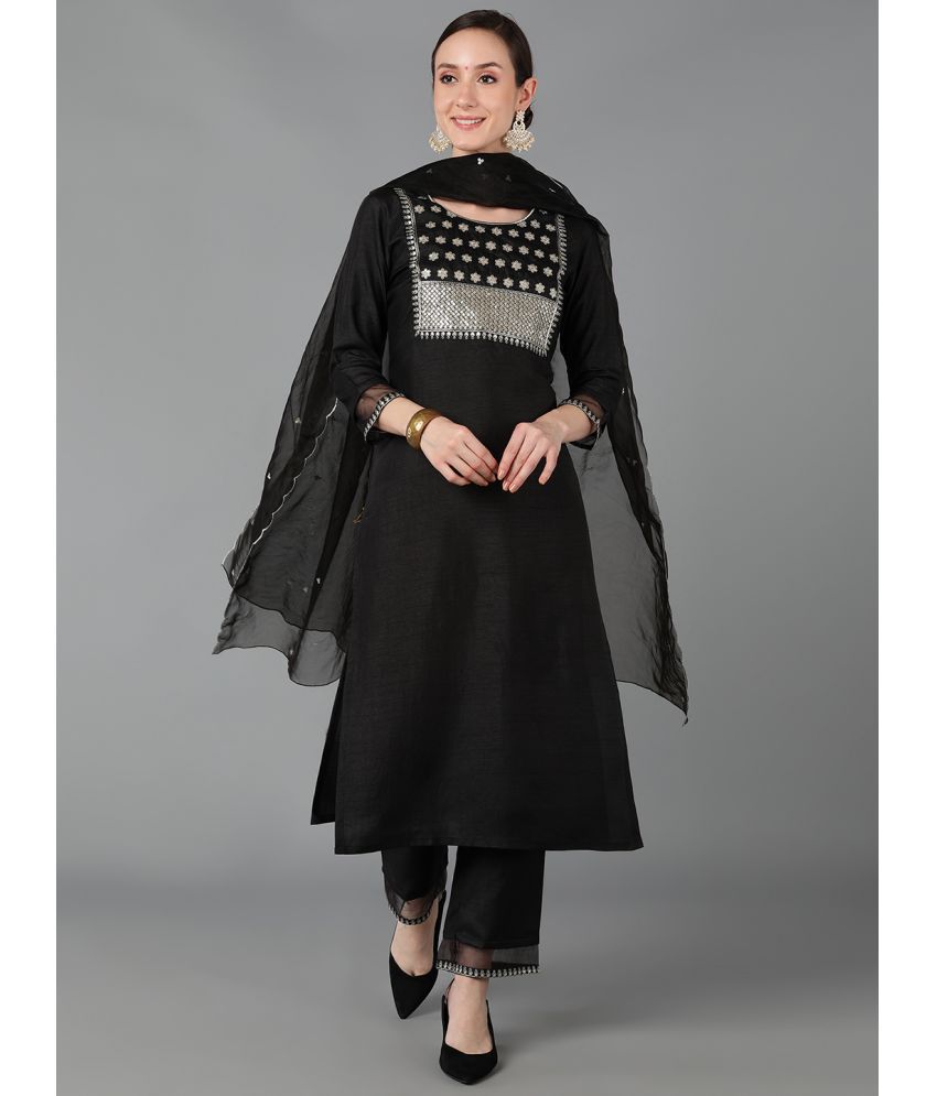     			Vaamsi Silk Blend Embroidered Kurti With Pants Women's Stitched Salwar Suit - Black ( Pack of 1 )