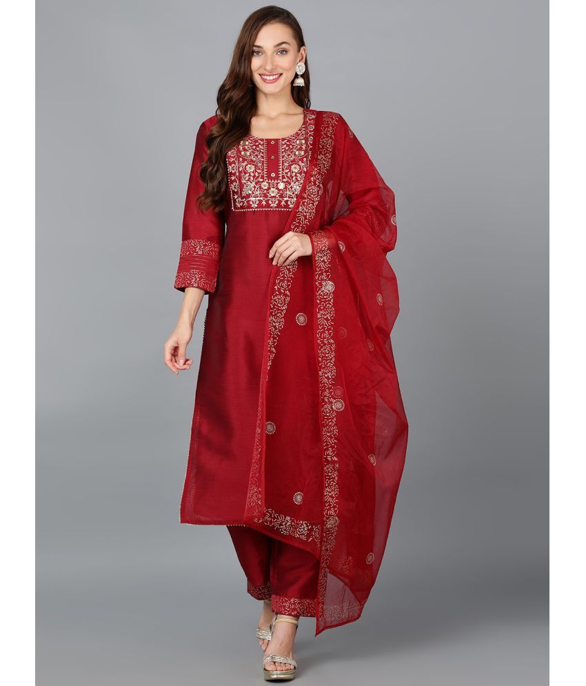     			Vaamsi Silk Blend Embroidered Kurti With Pants Women's Stitched Salwar Suit - Maroon ( Pack of 1 )