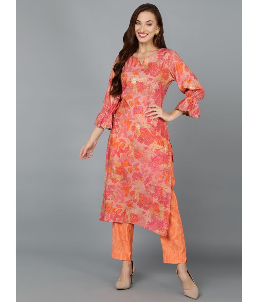     			Vaamsi Silk Blend Printed Straight Women's Kurti - Peach ( Pack of 1 )