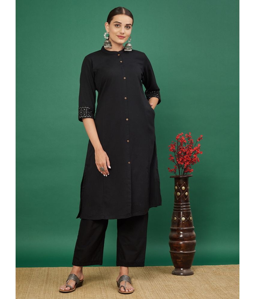     			Vbuyz Cotton Blend Embellished Kurti With Pants Women's Stitched Salwar Suit - Black ( Pack of 1 )