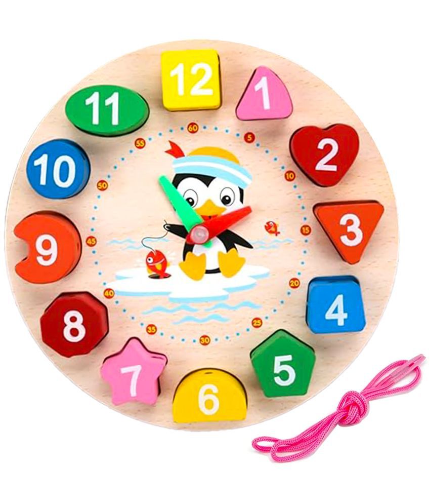     			WISHKEY Wooden Learning Clock with Bead Lace , Educational Digital Analog Numbers, Shape & Color Learning Montessori Toy for Kids (Pack of 1, Multicolor)