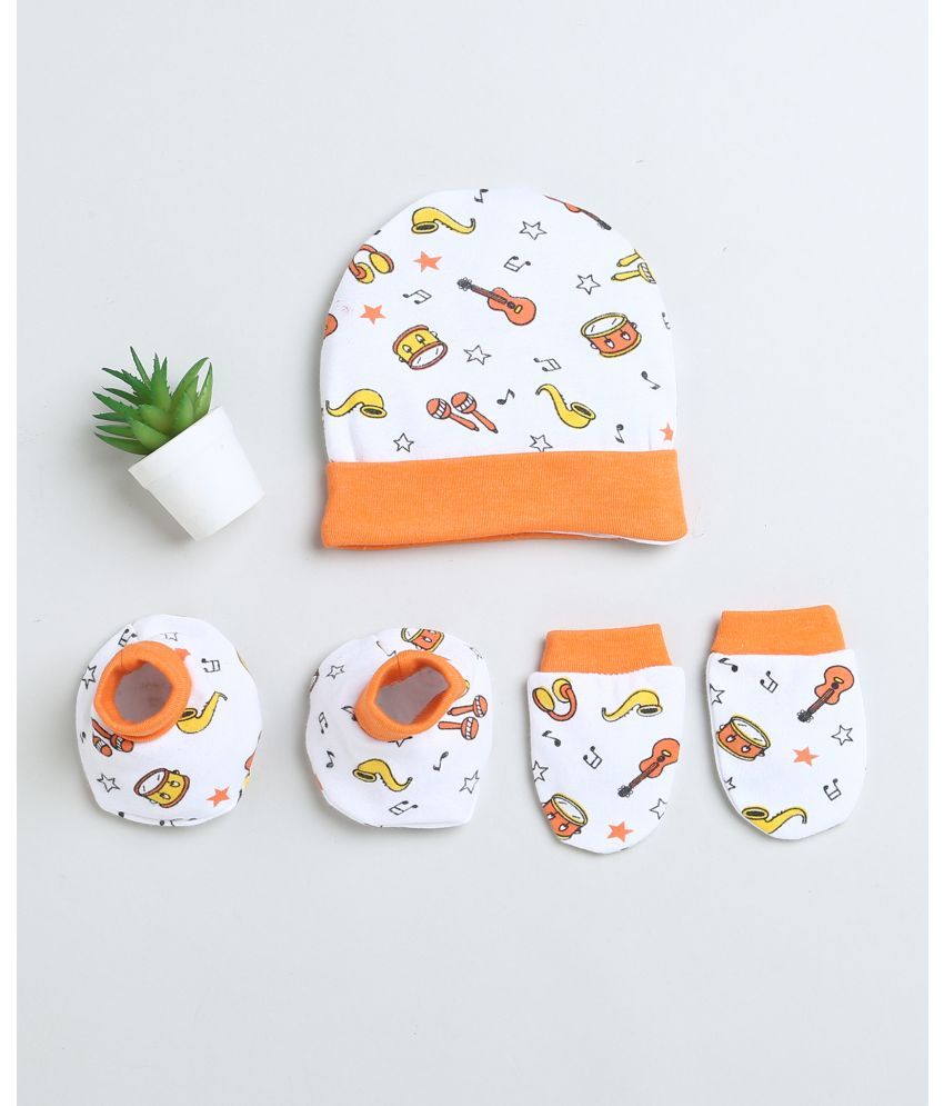     			BUMZEE White & Orange Girls Cotton Cap Mitten Bootie Set Age - 0-3 Months