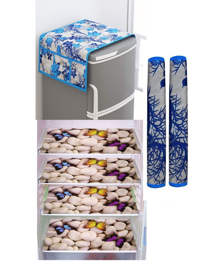     			Shaphio Polyester Floral Fridge Mat & Cover ( 99 58 ) Pack of 7 - Blue