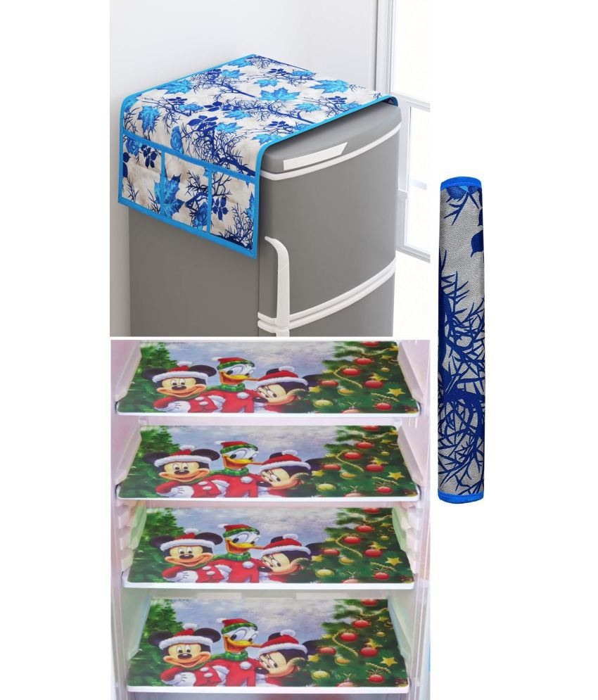     			Shaphio Polyester Floral Fridge Mat & Cover ( 99 58 ) Pack of 6 - Blue