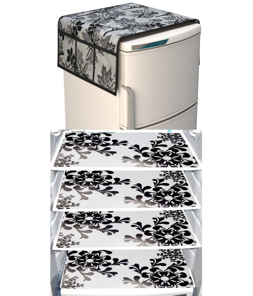     			Shaphio Polyester Floral Fridge Mat & Cover ( 99 58 ) Pack of 5 - Black