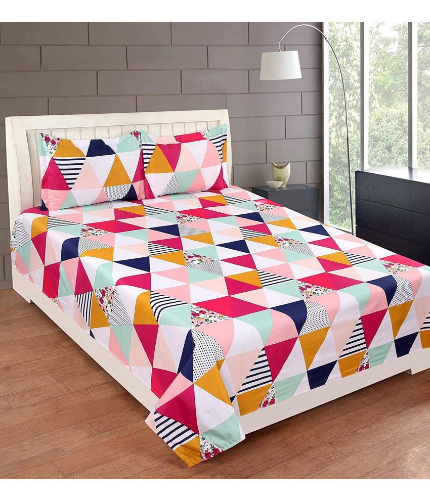     			VORDVIGO Glace Cotton Geometric 1 Double Bedsheet with 2 Pillow Covers - Multicolor
