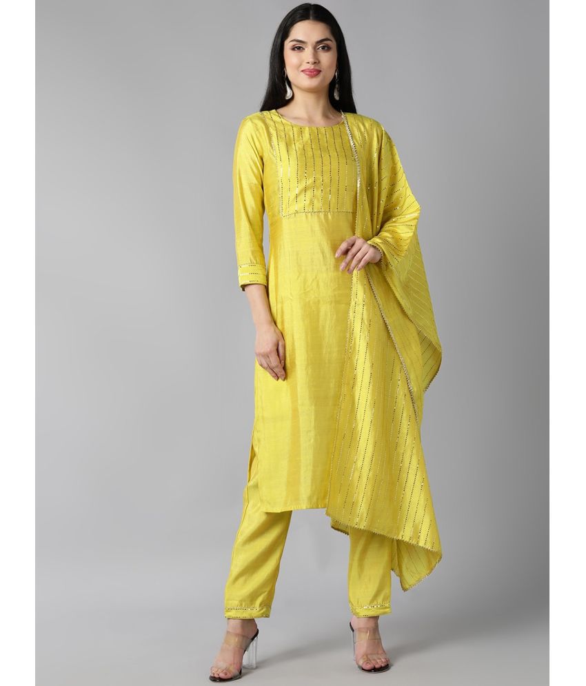     			Vaamsi Chanderi Self Design Kurti With Pants Women's Stitched Salwar Suit - Yellow ( Pack of 1 )