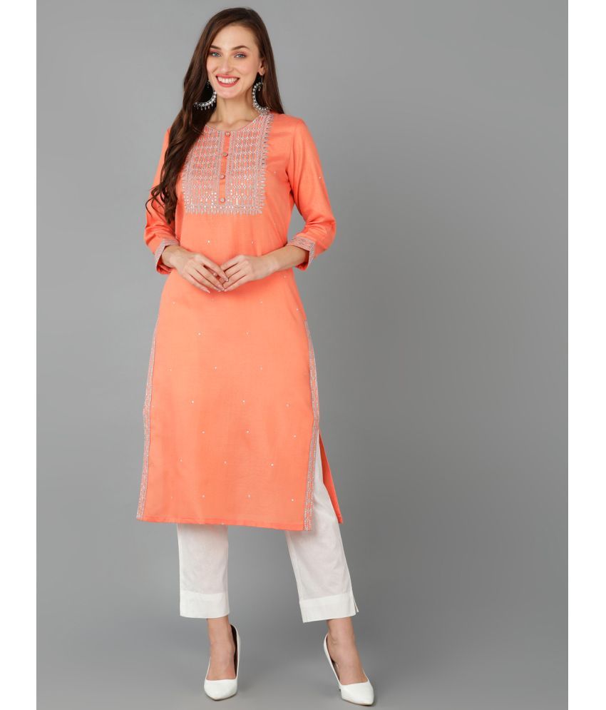     			Vaamsi Cotton Blend Embroidered Straight Women's Kurti - Peach ( Pack of 1 )