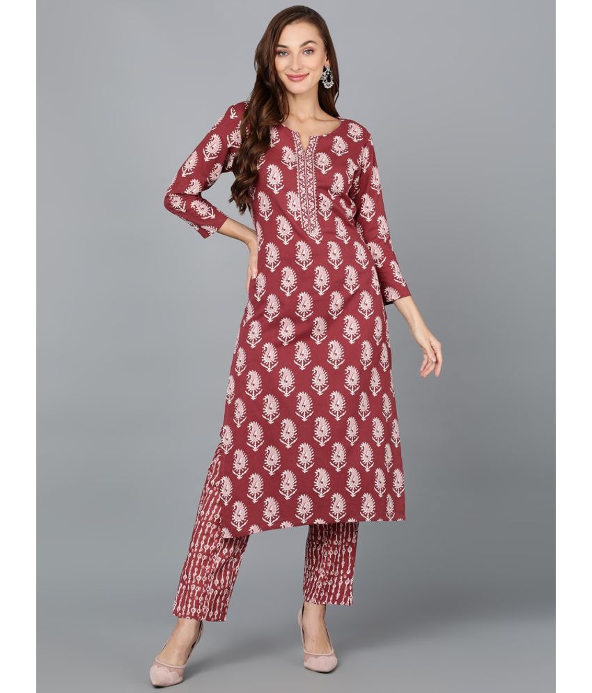     			Vaamsi Cotton Blend Printed Kurti With Pants Women's Stitched Salwar Suit - Maroon ( Pack of 1 )