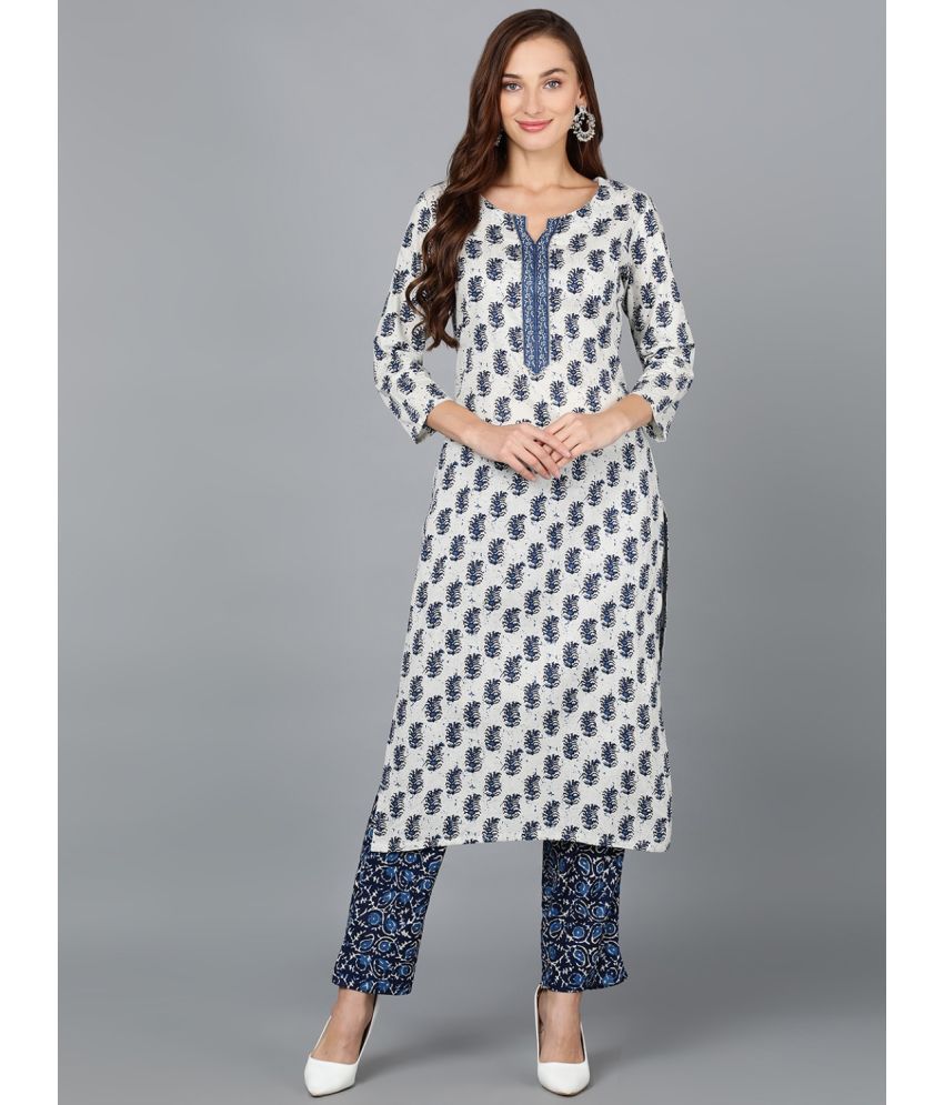     			Vaamsi Cotton Blend Printed Kurti With Pants Women's Stitched Salwar Suit - White ( Pack of 1 )
