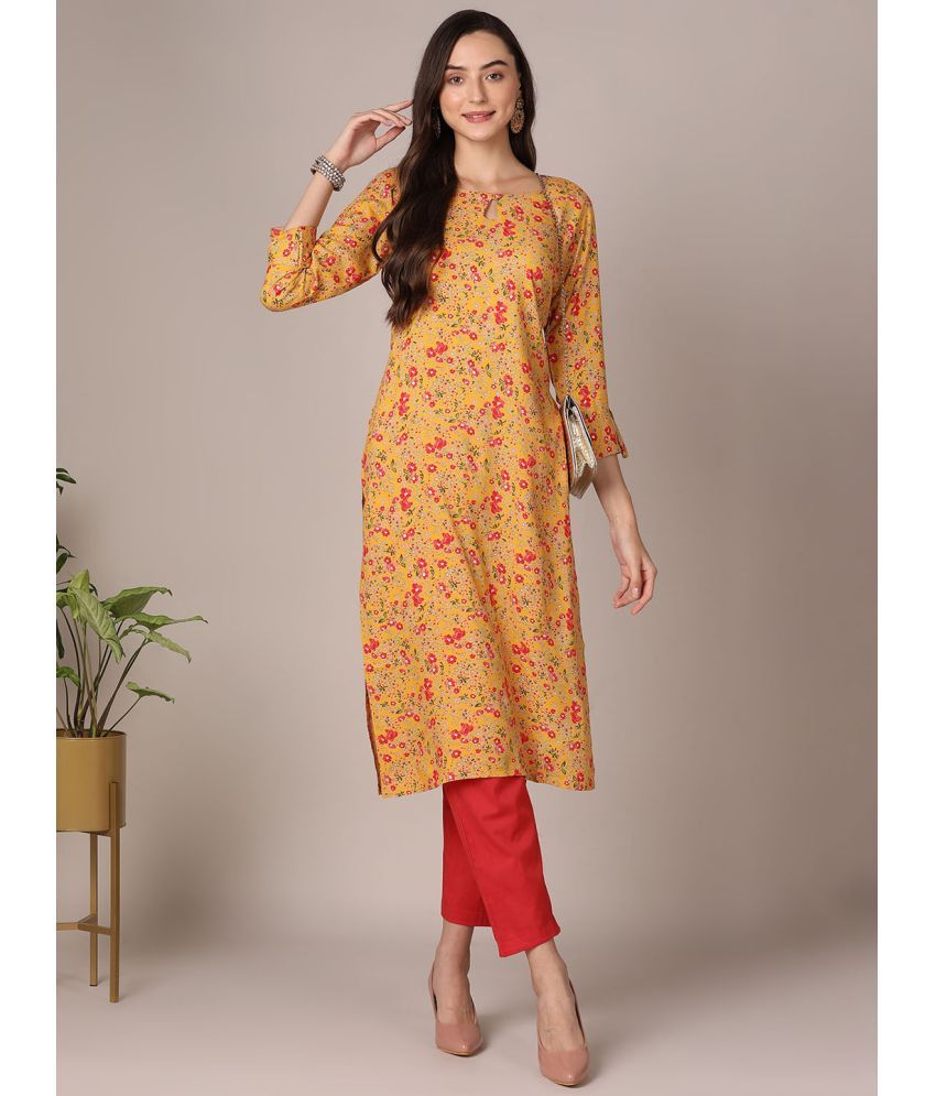     			Vaamsi Cotton Blend Printed Straight Women's Kurti - Yellow ( Pack of 1 )