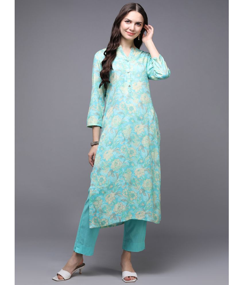     			Vaamsi Cotton Blend Printed Straight Women's Kurti - Turquoise ( Pack of 1 )