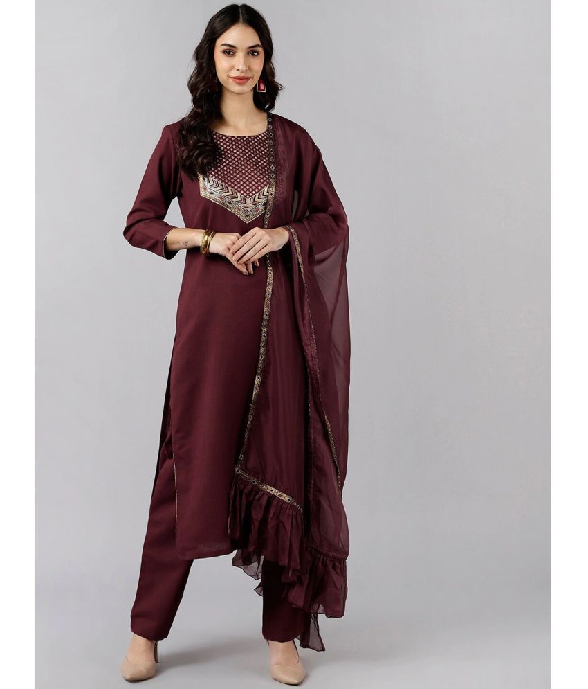     			Vaamsi Cotton Blend Self Design Kurti With Pants Women's Stitched Salwar Suit - Maroon ( Pack of 1 )